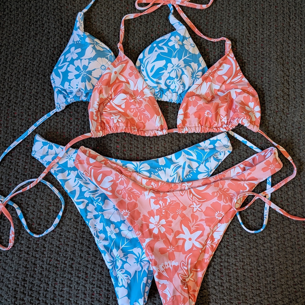 Floral Bikini Set in Blue and Orange